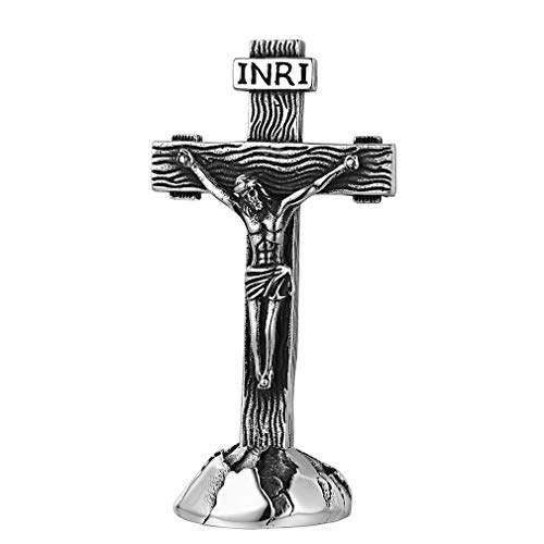 FaithHeart Crucifijo INRI Acero Inoxidable 316L con Base Cruz Desmontable para Mesa Dos Usos Cruz de Pie Accesorios Religiosos para Oraciones