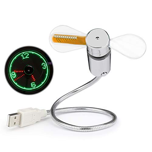 Flyproshop - Miniventilador USB con reloj LED, gadget flexible alimentado por USB con cuello de cisne, refrigeración para ordenadores portátiles y de sobremesa