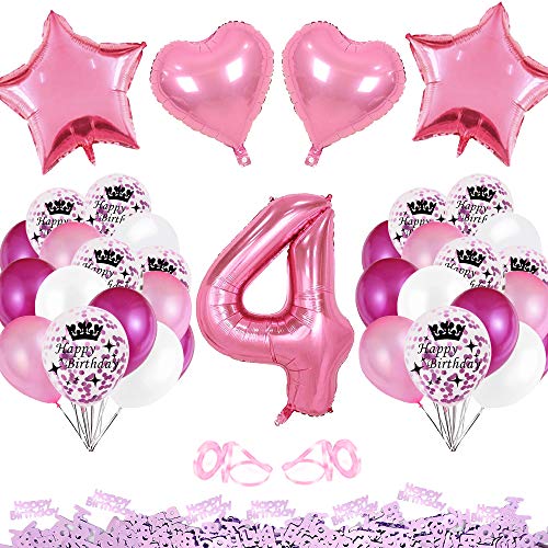 Globos Cumpleaños, globos látex blanco rosa, globos número de 40 pulgadas, globos rosa rojo, globos confeti, globos corazón estrella rosa, cinta para decoraciones cumpleaños-número 4