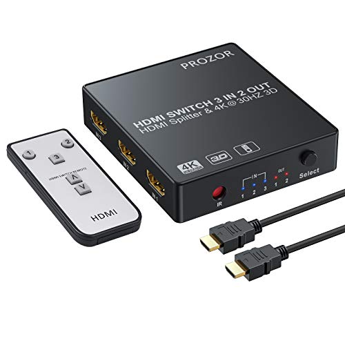 HDMI Switch 3 Entradas 2 Salidas 4K 3D Conmutador HDMI Distribuidor Automático con Mando a Distancia Cable HDMI 1.4 para HDTV Monitor DVD PC Proyector Sky Box PS3 PS4