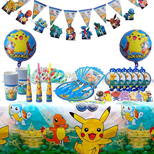 Herefun 172 Piezas Cumpleaños de Pokemon, Decoración de Fiesta de Pokemon Team, Pikachu Party Supplies Set, Artículos para Fiestas para Niños, Vajilla de Fiesta de cumpleaños con Globos Pegatinas