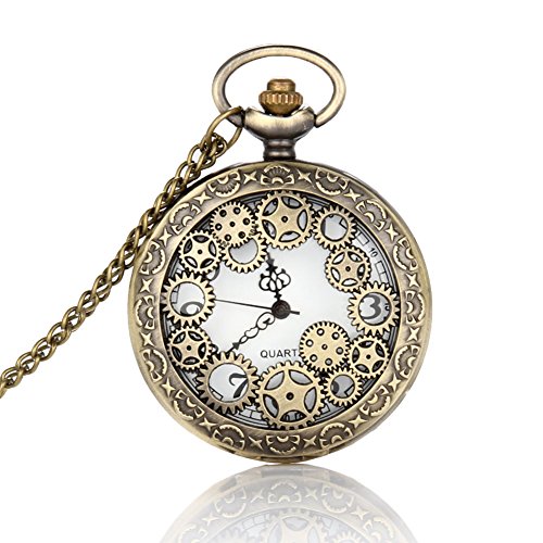 Hrph Collar reloj retro diseño hueco del engranaje de reloj de bolsillo de la vendimia de bolsillo del bronce de cadena