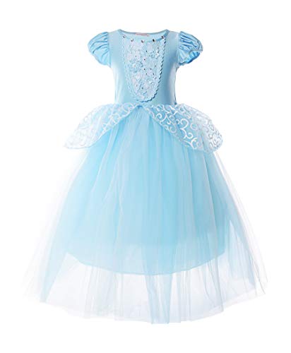JerrisApparel Niña Princesa Cenicienta Disfraz Manga de Soplo Fiesta Vestido (5 años, Azul)