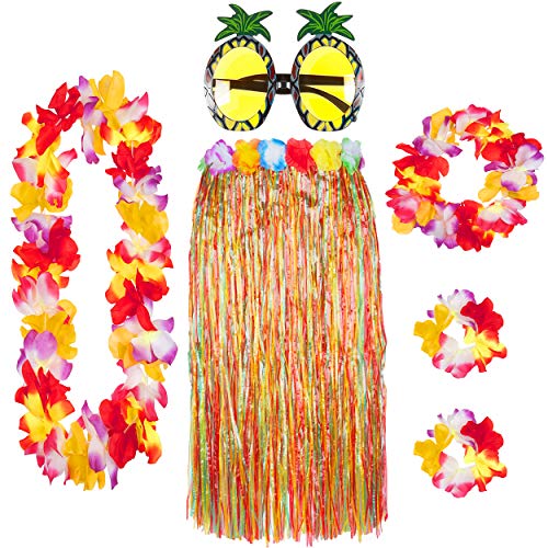 Juego de 6 faldas hawaianas con guirnaldas Lei y gafas de piña a elegir entre paja o varias faldas, para verano, playa, tropical, disfraz de fiesta
