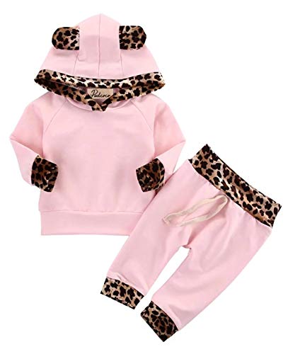 Kfnire - Conjunto de bebé compuesto de pantalones y sudadera con capucha, diseño de leopardo Rosa 3- 6 meses