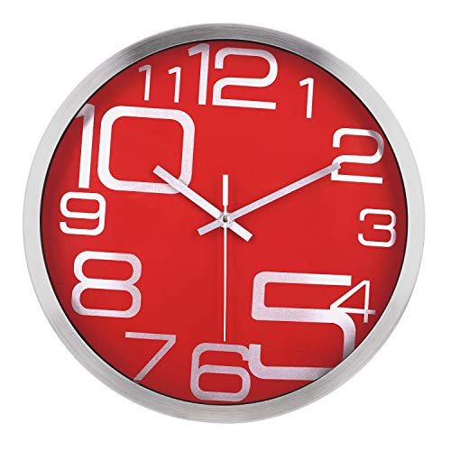Lafocuse Reloj de Pared Silencioso Metal Moderno Reloj Cuarzo con Grandes Números Rojo para Salon Comedor Dormitorio 30 cm