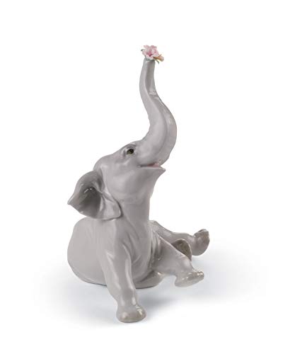 LLADRÓ Figura Elefante Bebé con Flor Rosa. Figura Elefante de Porcelana.