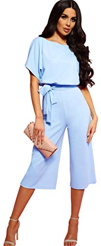 Longwu Mujeres Casual Elegante Cintura Alta Mono de Manga Corta Pantalones de Pierna Ancha Ocasionales Mamelucos Sueltos con cinturón Azul Claro-S