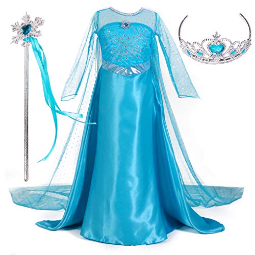 Magogo Vestido de Princesa Elsa Disfraz Ropa para niñas Fiesta de Traje de Carnaval Falda Elegante con Corona y Varita mágica (XL 131-140cm, Azul)