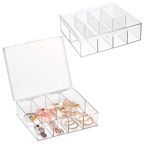 mDesign Juego de 2 joyeros – Caja clasificadora cuadrada con 8 compartimentos – Organizador de joyas de plástico para pendientes, collares, pulseras y anillos – transparente