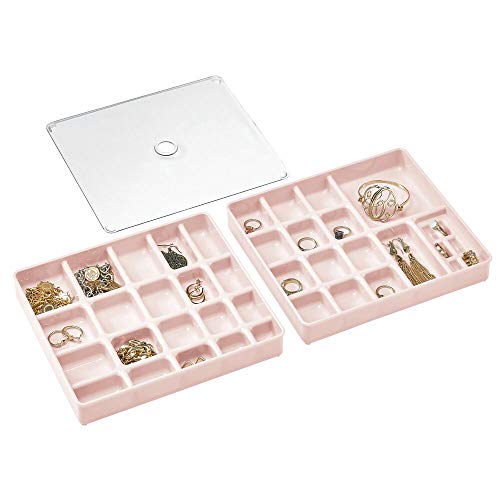 mDesign Organizador de joyas en juego de 3 piezas – Caja con compartimentos apilable con tapa – 2 cajas clasificadoras con divisiones para brazaletes, collares y demás joyas – rosa claro/transparente
