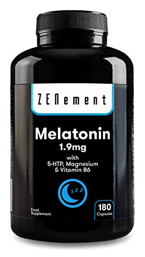 Melatonina 1,9 mg con 5-HTP, Magnesio y Vitamina B6, 180 Cápsulas | Ayuda con el insomnio o trastornos del sueño | Vegano, No-GMO, GMP, libre de aditivos, sin Gluten | de Zenement