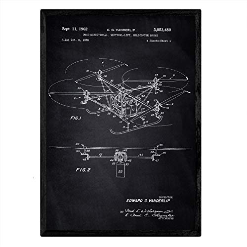 Nacnic Poster con patente de Dron helicoptero. Lámina con diseño de patente antigua en tamaño A3 y con fondo negro