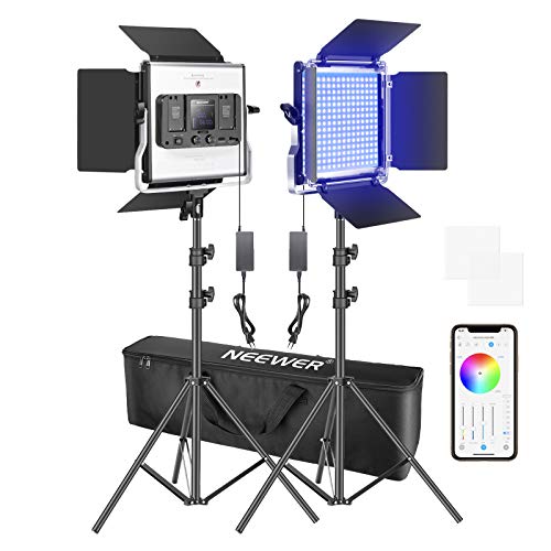 Neewer 2 Packs Luz LED RGB 480 con Control Aplicación Kit Iluminación Video y Fotografía con Soportes y Bolsa 480 LED SMD CRI92 3200K-5600K Brillo 0-100% 0-360 Colores Ajustables