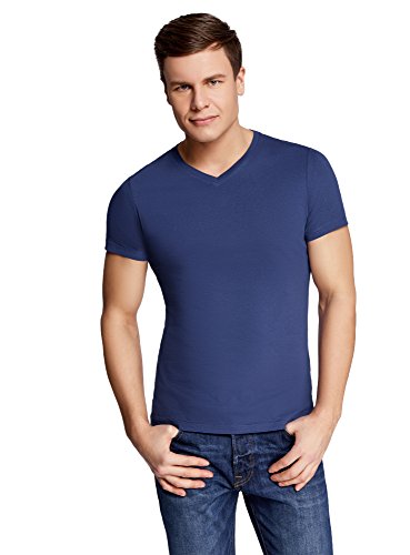 oodji Ultra Hombre Camiseta Básica con Escote en V, Azul, ES 56 / XL