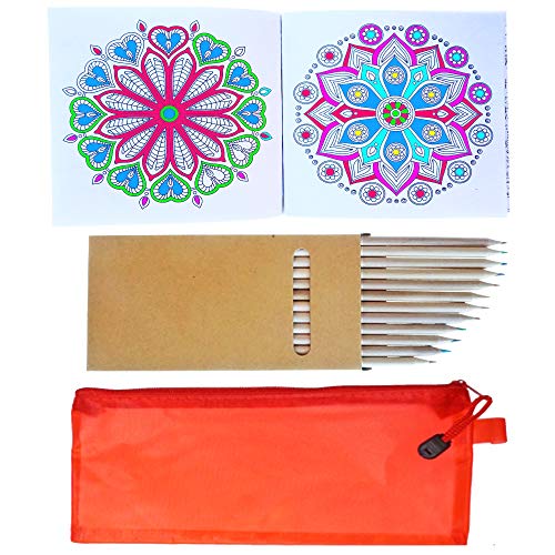 PARTITUKI Libro de Colorear para Adultos (Tamaño de Bolsillo, con 96 Patrones Geométricos de Mandala), 12 Lápices de Colorear y un Elegante Estuche