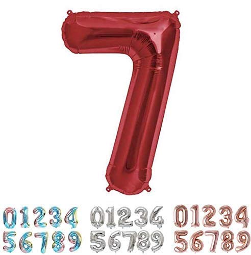PARTY Globos de Cumpleaños - Número Grande en Color Rojo Metalizado - Fiesta de cumpleaños y Aniversarios - Gigante 105 cm - Hinchable - Tamaño XXL (7-Rojo)