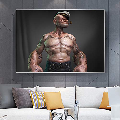 Pintura al óleo Popeye tatuajes músculos marinero carteles de dibujos animados e impresiones hombre fuerte decoración del hogar cuadro artístico de pared sobre lienzo pintura para habitación 60x80cm