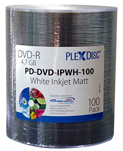 PlexDisc DVD-R, 100 Unidades, 16x, 4.7GB, Imprimible por Inyección de Tinta, Blanco Mate