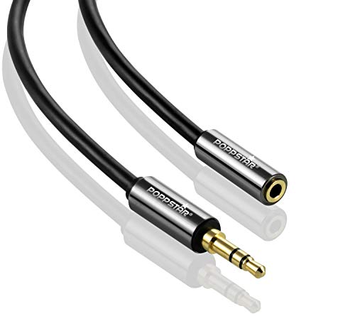 Poppstar 20m Cable de Audio estéreo (3,5mm Macho a Hembra, Chapado en Oro), Cable de extensión para Auriculares, Smartphone, Reproductor mp3, Radio de Coche, Negro