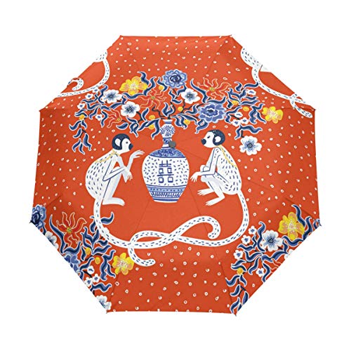 QMIN Paraguas plegable automático estilo chino de porcelana mono flor resistente al viento protección anti UV viaje paraguas compacto lluvia para mujeres mujeres hombres niñas