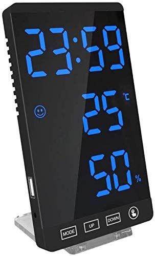 Reloj despertador digital con función de apagado de memoria, espejo digital, reloj despertador LED con pantalla LED de temperatura, tiempo de repetición, brillo ajustable, color azul
