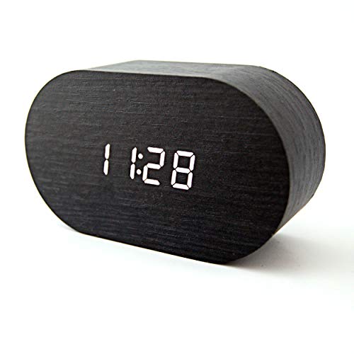 SACANELL DESIGN Reloj Despertador Digital Madera con indicador de Temperatura, Tres alarmas y Cuatro Niveles de Intensidad de luz. Control con Sonido o Tacto.