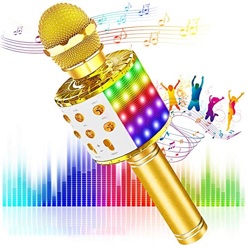 SaponinTree Microfono Inalámbrico Karaoke, Micrófono Karaoke Bluetooth Portátil con Altavoz con Luces de Baile LED para Niños Canta Partido Musica Reproductor (Gold)