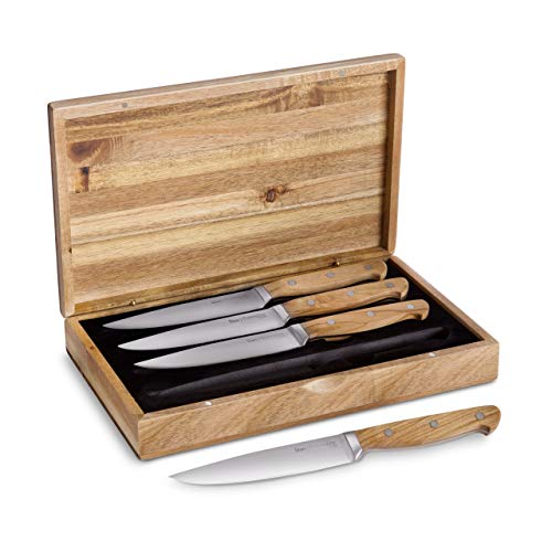 Set de cuchillos de carne Stan de 4 piezas, mangos elegantes de Madera de Olivo, longitud de la hoja de 12.5 cm, incluye caja para regalo