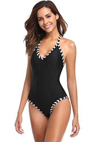 SHEKINI Traje de Una Pieza Mujer Bikini Ropa de Baño con Cremallera Corte Alto Monokini （M,Negro）