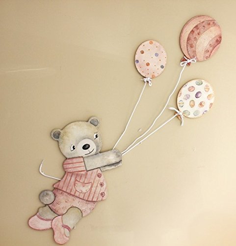 Silueta oso tamaño grande con globos, para decoración de pared, en DM para pintar. Medidas oso (ancho/alto): 29 * 49 cm. Medidas globos (ancho/alto): 16 * 21 cm.