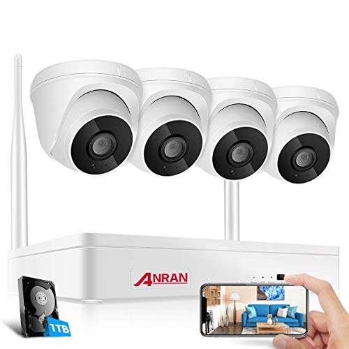 Sistema de cámara CCTV inalámbrica con audio, ANRAN Sistema de cámara de seguridad para el hogar 4CH 1080P NVR WiFi 2MP Vigilancia CCTV interior 4 cámaras domo,1TB HDD