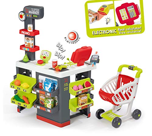 Smoby- Supermercado con Carro de la Compra, Color Gris/Verde (Kids Supermarket Playset)