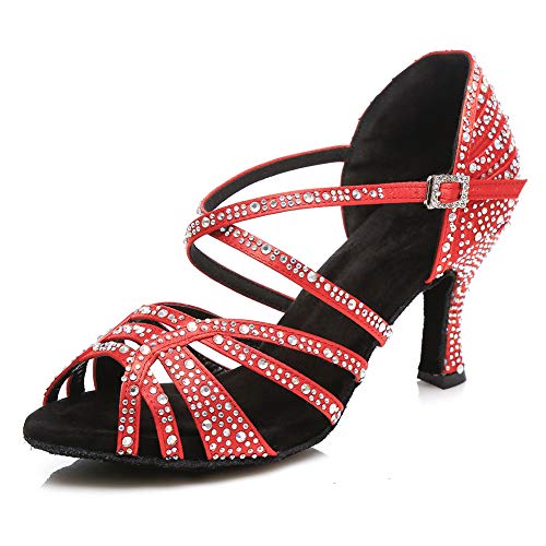 SWDZM Zapatos Baile Latinos Mujer/Zapatos de Baile Latino Mujer Salsa,Talón 2.95'' Modelo Rojo 35EU