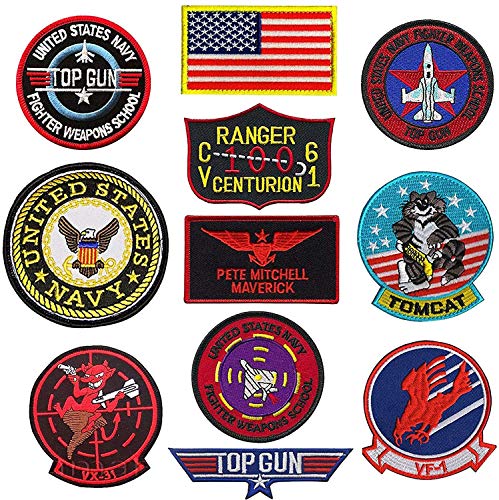 Top Gun Parches United Sates Navy Fighter Arms School, American Flag, CV-61 USS Ranger 100 Centurion, Tom Cat, Pete Mitchell Maverick, VX-31, VF-1 Parche bordado Morale Appliques insignias 11 piezas