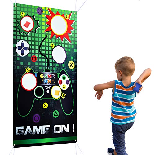 Toss Game Banner con 3 Bean Bags - Suministros para Fiestas de Videojuegos para Niños Decoraciones para Fiestas de Cumpleaños Juegos de Lanzamiento al aire Libre Actividades para Fiestas, 140 x 76cm