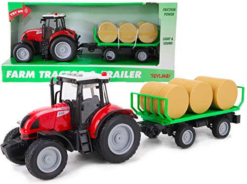 TOYLAND® Tractor y Remolque Rojo de 37 cm con Luces y Sonido - Juguetes agrícolas para niños (Tractor y Remolque para Balas)