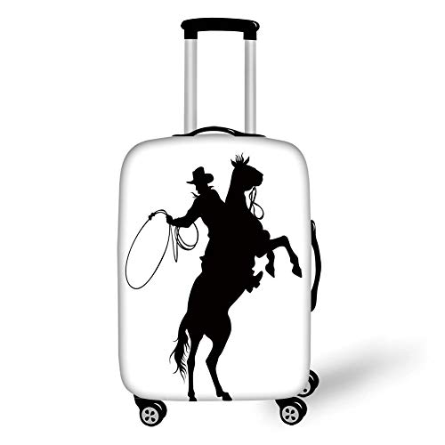 Travel Luggage Cover Suitcase Protector,Cartoon,Cowboy and Horse Silhouette Man with a Hat Shadow Texas Rural Illustration,Black and White，for Travel,M