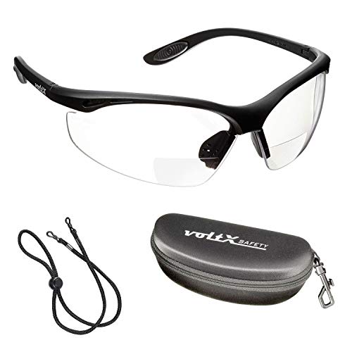 voltX 'CONSTRUCTOR' (TRANSPARENTE dioptría +1.5) Gafas de Seguridad de Lectura BIFOCALES que cumplen con la certificación CE EN166F / Gafas para Ciclismo incluye cuerda de seguridad + estuche de seguridad rígido con bisagras - Reading Safety Glasses