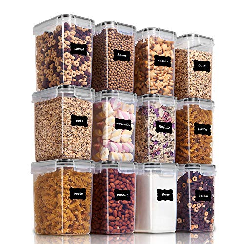 Vtopmart 1.6L Recipientes para Cereales Almacenamiento de Alimentos, Jarras de Almacenamiento de Plástico con Tapa Hermética Sin BPA,Juego de 12 + 24 Etiquetas, para harina,café (Negro)