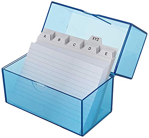 Wedo 2506303 Cajas para tarjetas (DIN A6 transversal para aproximadamente 200 tarjetas, plástico translúcido azul, incl. 100 fichas y pestañas, 15,9 x 8,3 x 13,7 cm) blanco
