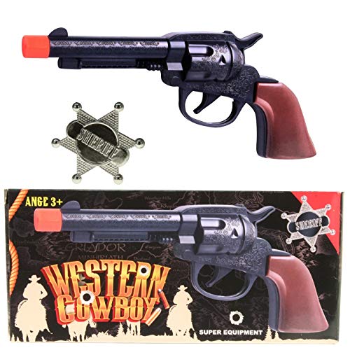 wuselwelt 542909 - Kit de acción de vaquero occidental de 2 piezas, pistola para niños con estrella de Sheriff o insignia de policía, indio, carnaval, cumpleaños
