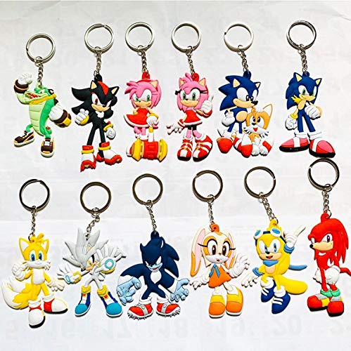YangQian Figura de Juguete Sonic 12 Piezas Figura de Anime Sonic Hedgehog Llaveros 3D Llaveros de Doble Cara Llaveros de Goma de PVC para niños Juguete de Regalo de baratija