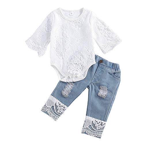 Young Forever Conjunto de ropa de bebé para recién nacido, de manga larga, de encaje, con pantalones vaqueros rotos, ropa informal para otoño azul 3-6 Meses