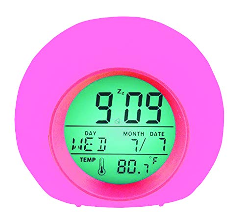 YUES Reloj Despertador Digital para niños,LED Reloj Alarma con 7 Colores Cambio de luz con Calendario y Termómetro, Control táctil Junto a la Cama,Rosado