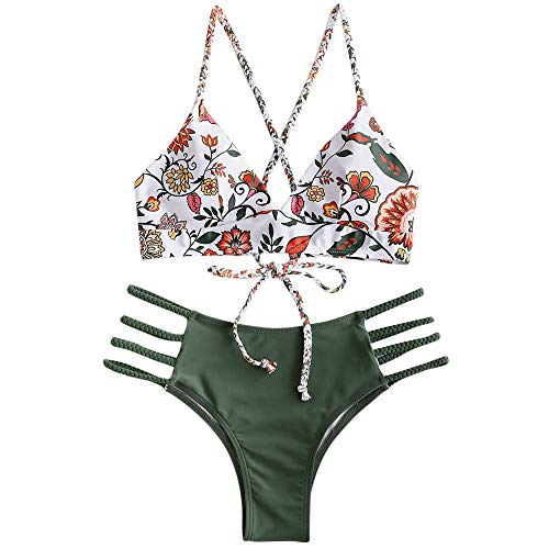 ZAFUL Mujer Bikini Conjunto,Cinturón de Bikini Trenzado de Dos Piezas Sujetador Ajustable hacia Atrás, Traje de Baño de Triángulo con Estampado Floral (Verde Marino, S)
