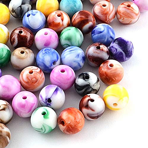 200 unidades de perlas acrílicas multicolor, perlas sueltas, redondas, efecto piedras preciosas, cuentas de plástico de colores, patrón de tinta opaca
