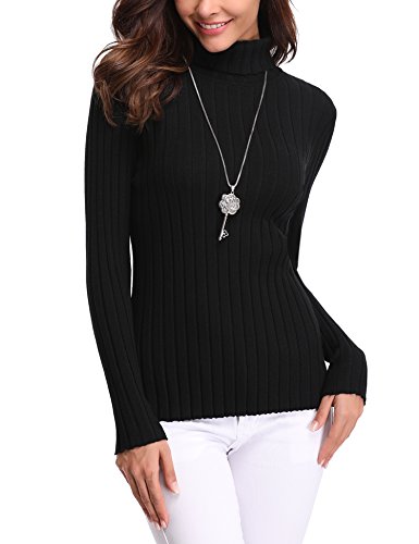 Abollria Suéter Cuello Alto para Mujer Basic Jerséy Color Sólido Clásico Pullover de Punto Manga Larga Elegante Sweater para Otoño Invierno Negro, XL