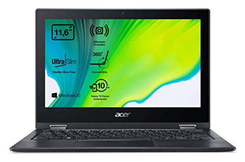 Acer Spin 1 SP111-33 - Portátil Táctil 11.6" HD (Intel Celeron N4020, 4GB RAM, 64GB eMMc , Intel UHD Graphics 600, Windows 10 Home S), Negro - Teclado Qwerty Español