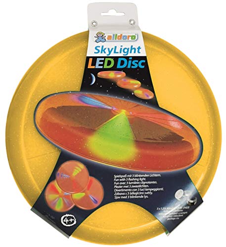 alldoro luz Sky Light de Aprox. 27 cm-Disco de frisbeescheibe con 3 LED para Playa, jardín y Exterior, para niños a Partir de 4 años y Adultos, Color Naranja, (Manfred Roser 63019)